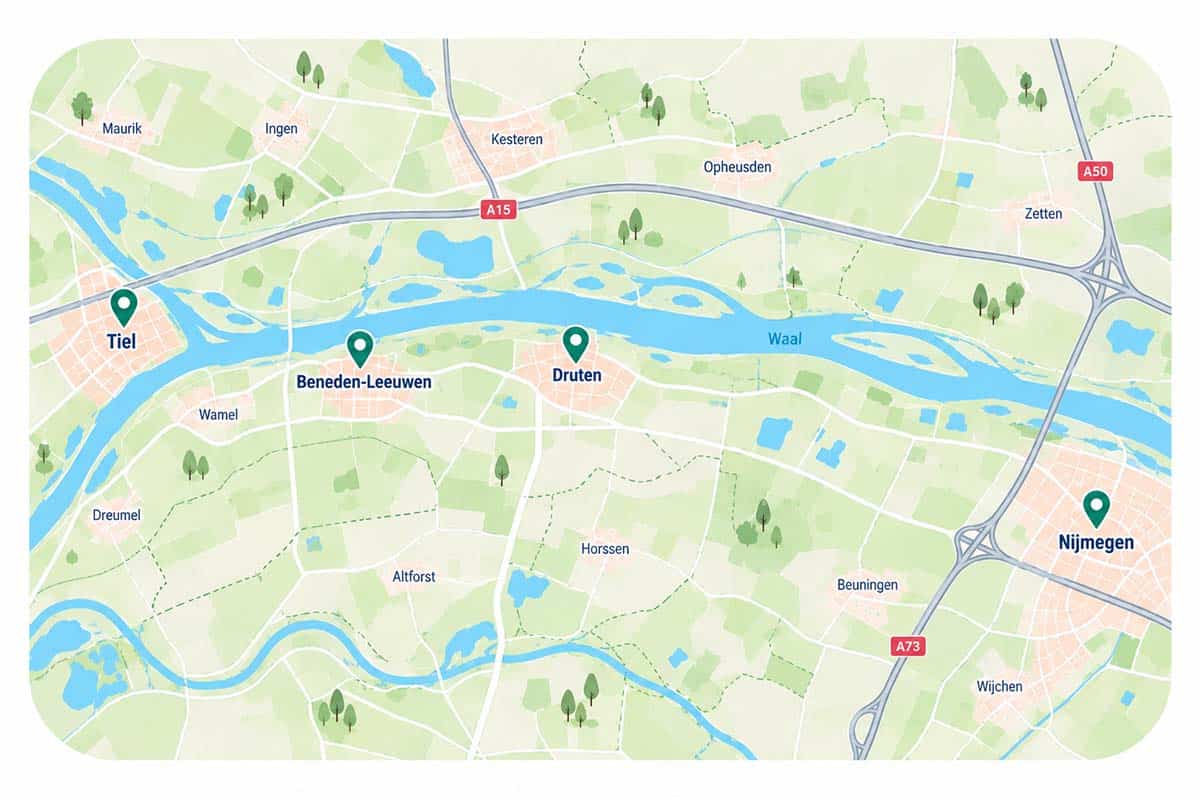 regio-kinderlogopedie-beneden-leeuwen-druten-tiel-nijmegen Kaart van de regio met Beneden-Leeuwen, Druten, Tiel en Nijmegen
